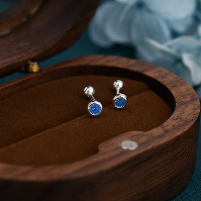 Tiny Aquamarine Blue CZ Barbell Earrings in Sterling Silver, 3mm CZ Screw Back Dot Earrings, Screwback Earrings, March Birthstone