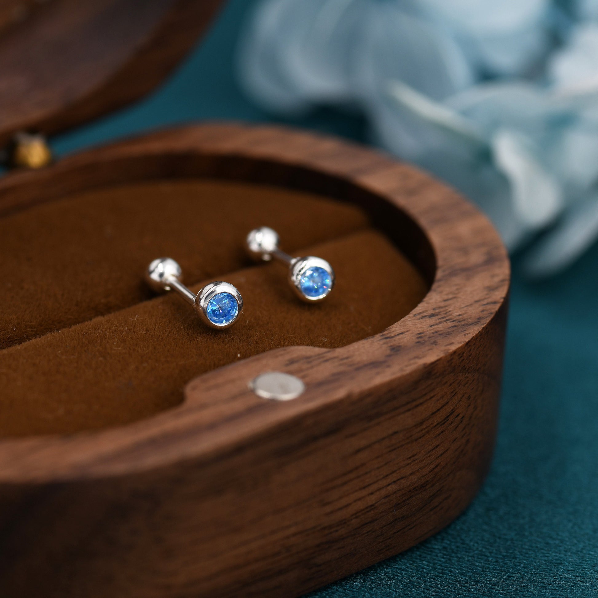 Tiny Aquamarine Blue CZ Barbell Earrings in Sterling Silver, 3mm CZ Screw Back Dot Earrings, Screwback Earrings, March Birthstone