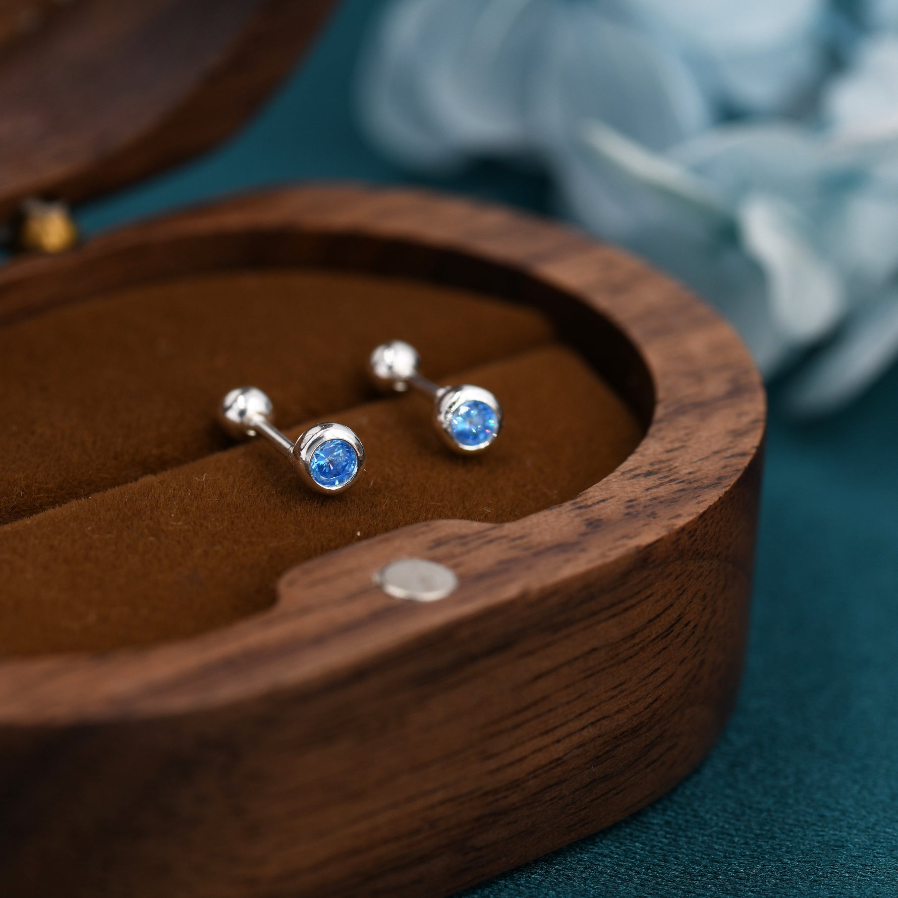 Tiny Aquamarine Blue CZ Barbell Earrings in Sterling Silver, 3mm CZ Screw Back Dot Earrings, Screwback Earrings, March Birthstone