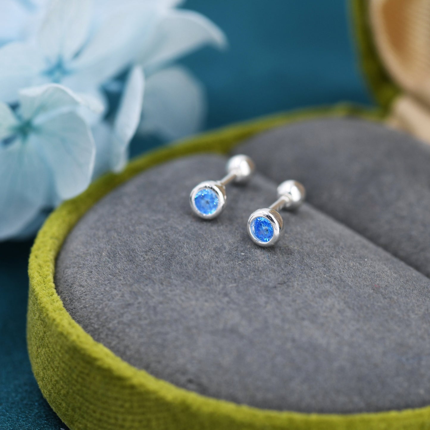 Tiny Aquamarine Blue CZ Barbell Earrings in Sterling Silver, 3mm CZ Screw Back Dot Earrings, Screwback Earrings, March Birthstone