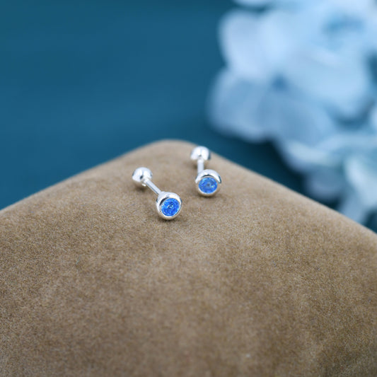 Tiny Aquamarine Blue CZ Barbell Earrings in Sterling Silver, 3mm CZ Screw Back Dot Earrings, Screwback Earrings, March Birthstone