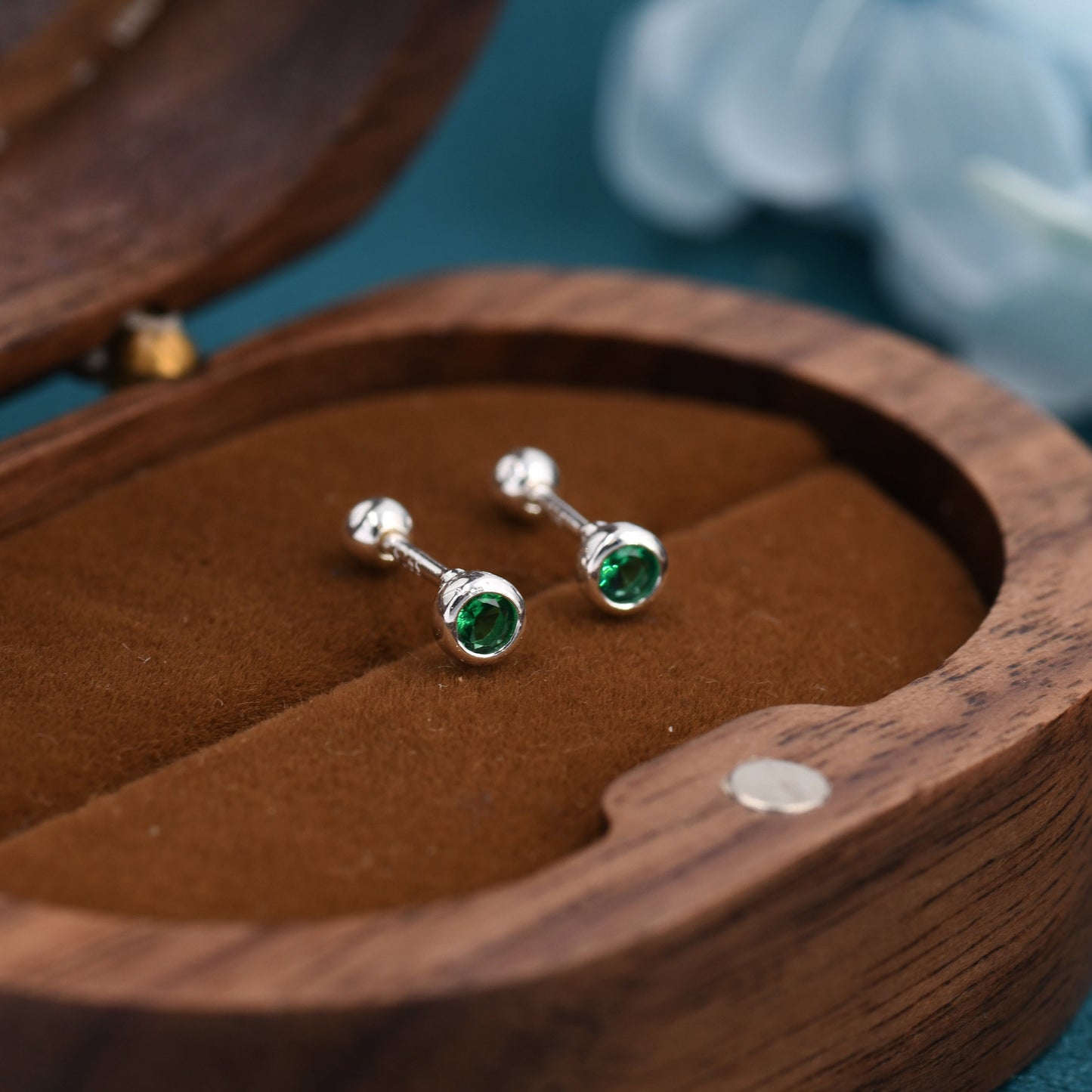 Tiny Emerald Green CZ Barbell Earrings in Sterling Silver, 3mm CZ Screw Back Dot Earrings, Screwback Earrings, May Birthstone