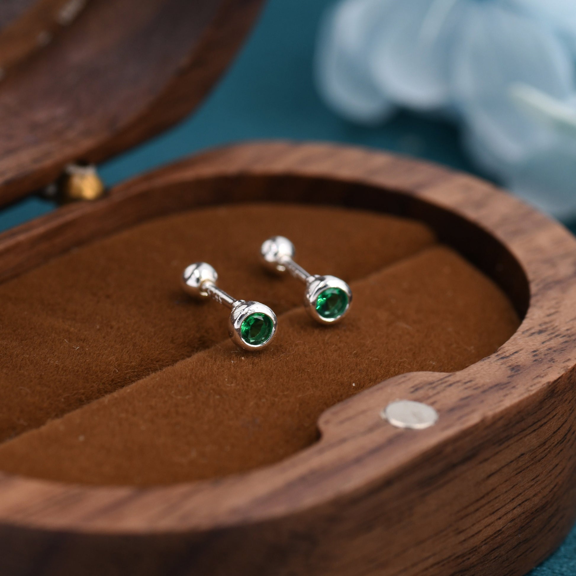 Tiny Emerald Green CZ Barbell Earrings in Sterling Silver, 3mm CZ Screw Back Dot Earrings, Screwback Earrings, May Birthstone