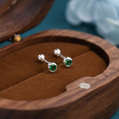 Tiny Emerald Green CZ Barbell Earrings in Sterling Silver, 3mm CZ Screw Back Dot Earrings, Screwback Earrings, May Birthstone