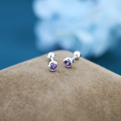 Tiny Amethyst Purple CZ Barbell Earrings in Sterling Silver,  3mm CZ Screw Back Dot Earrings, Screwback Earrings, February Birthstone