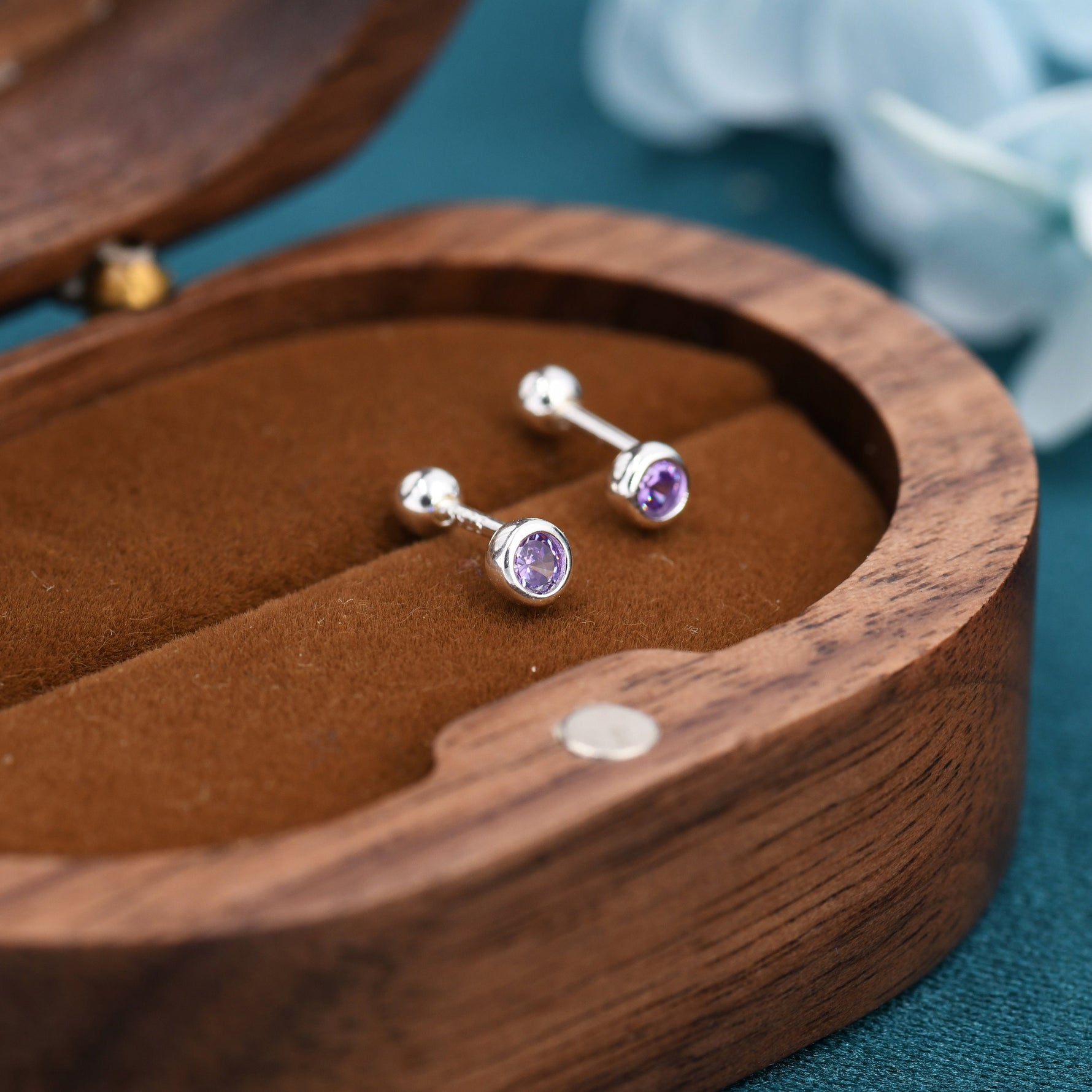 Tiny Amethyst Purple CZ Barbell Earrings in Sterling Silver, 3mm CZ Screw Back Dot Earrings, Screwback Earrings, February Birthstone