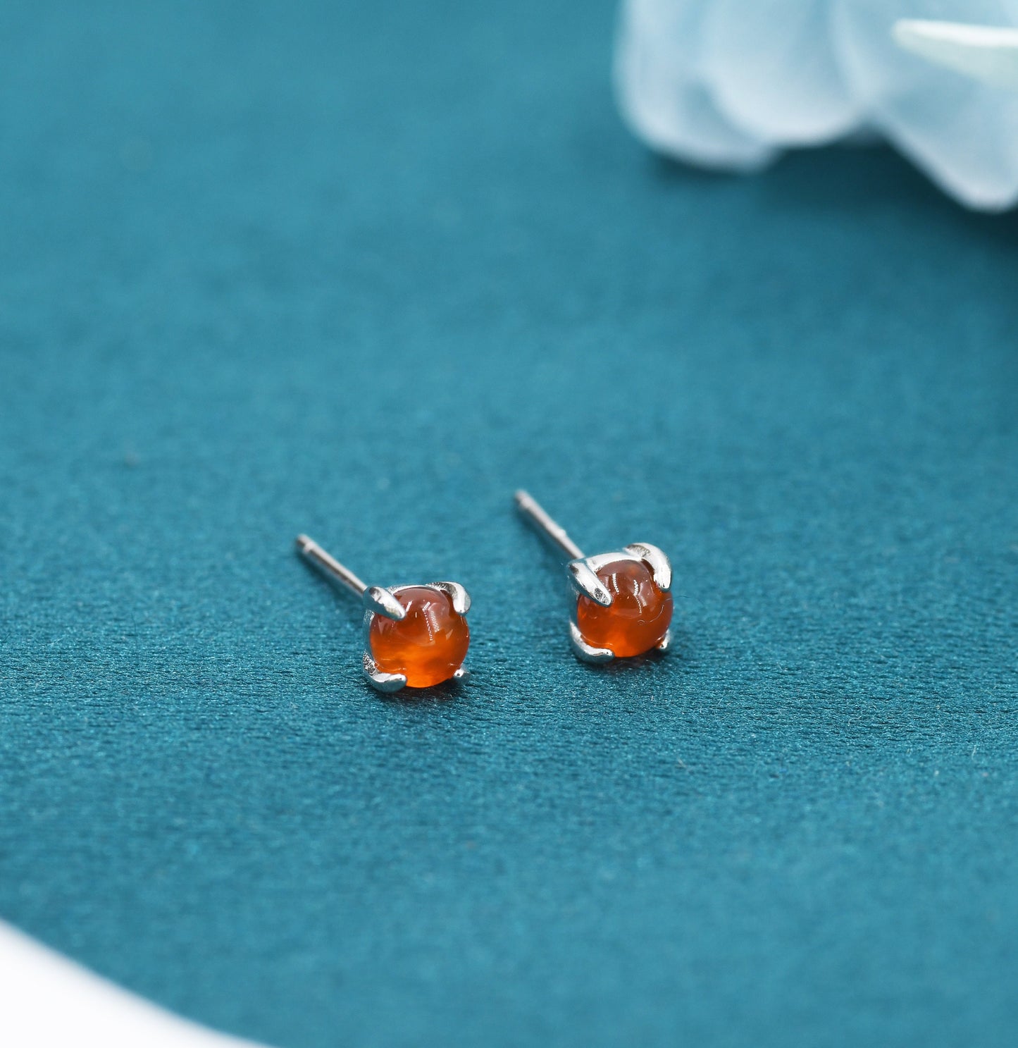 Sterling Silver Red Carnelian Stud Earrings, 4mm Genuine Red Carnelian Stone, Four Prong Set, Semi-precious Jewellery