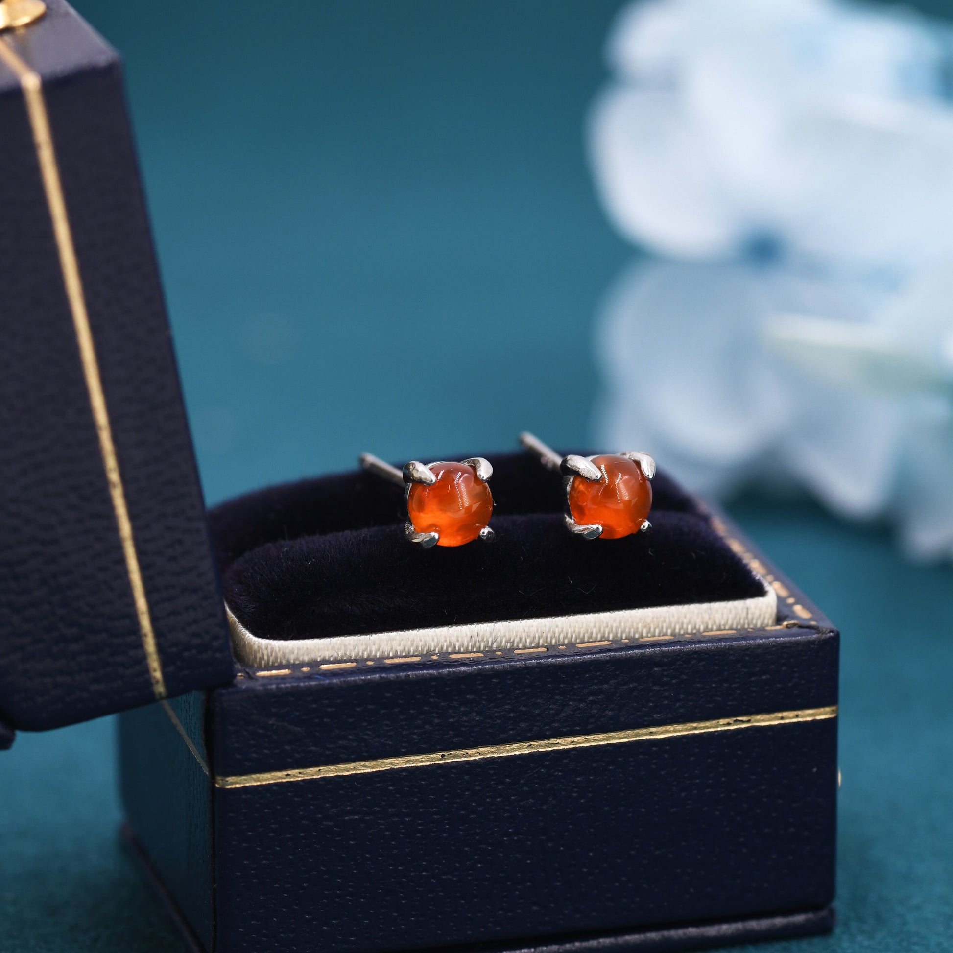 Sterling Silver Red Carnelian Stud Earrings, 4mm Genuine Red Carnelian Stone, Four Prong Set, Semi-precious Jewellery