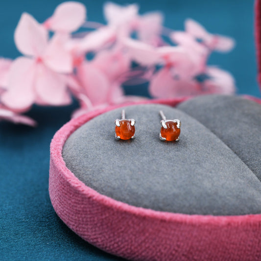 Sterling Silver Red Carnelian Stud Earrings,  4mm Genuine Red Carnelian Stone, Four Prong Set, Semi-precious Jewellery