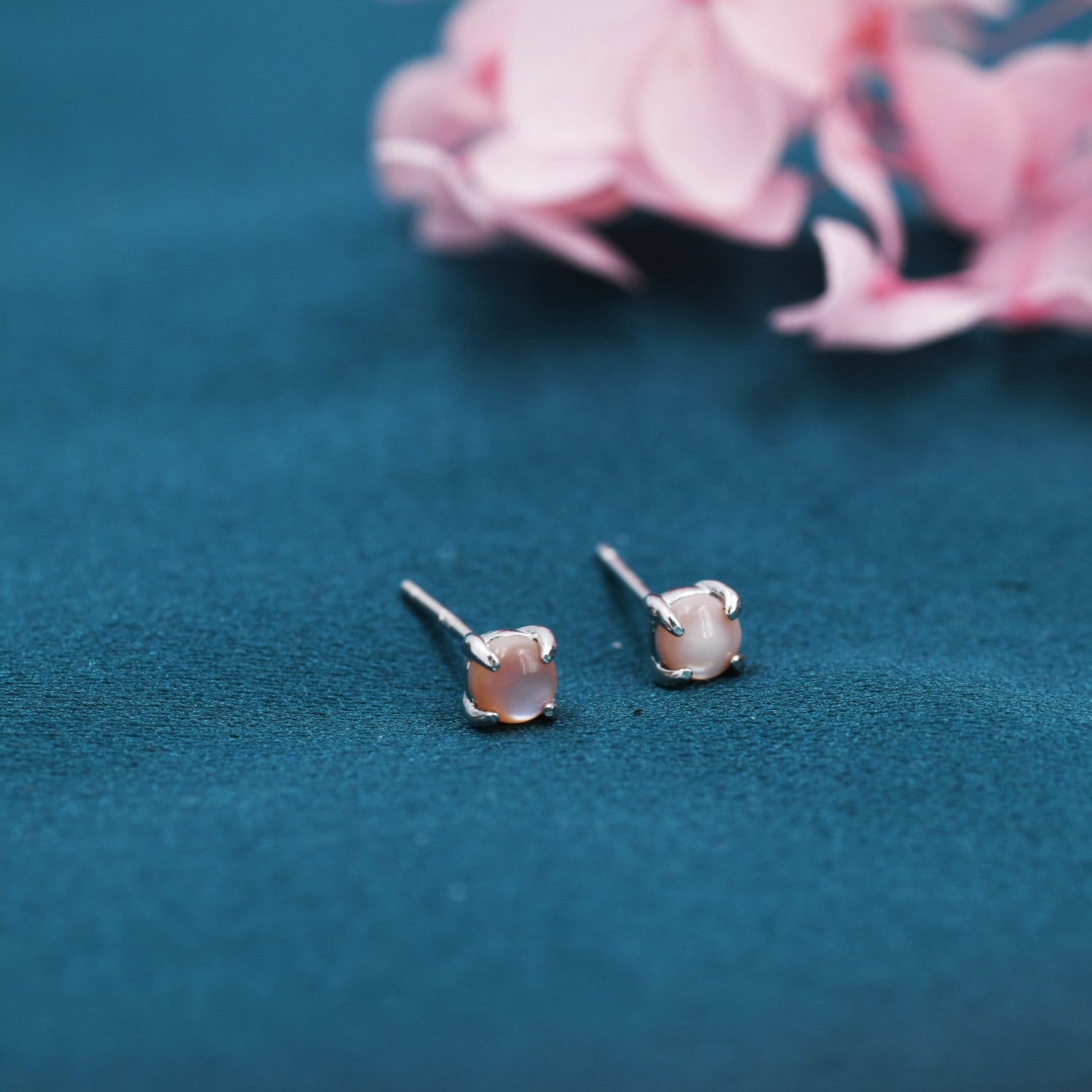 Sterling Silver Genuine Mother of Pearl Stud Earrings,  4mm, Pink Pearl Earrings, Pink Shell Earrings, Four Prong Set