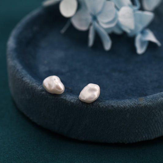 Sterling Silver Genuine Baroque Pearl Stud Earrings, 8mm, Natural Pearl Earrings, Irregular Shape Keshi Pearl Earrings