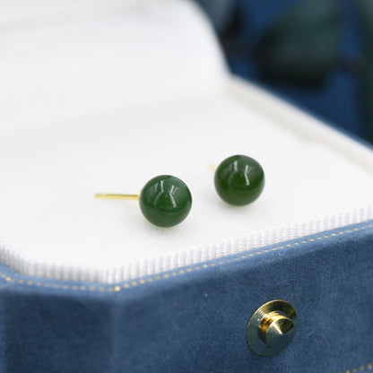 Natura Jasper Jade Stud Earrings in Sterling Silver with Gold Coating, Semi-Precious Gemstone Earrings, 6mm Jade Ball Earrings