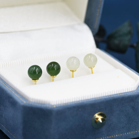 Natura Jasper Jade Stud Earrings in Sterling Silver with Gold Coating, Semi-Precious Gemstone Earrings, 6mm Jade Ball Earrings