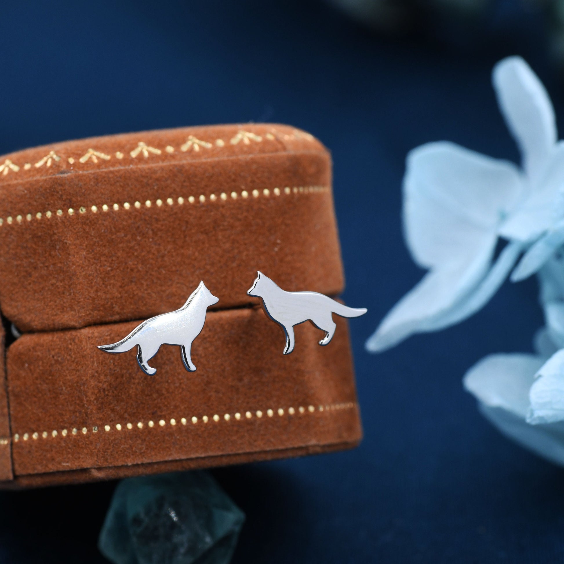 German Shepard Stud Earrings in Sterling Silver, Silver or Gold, Silver Dog Earrings, Silver German Shepard Dog Earrings