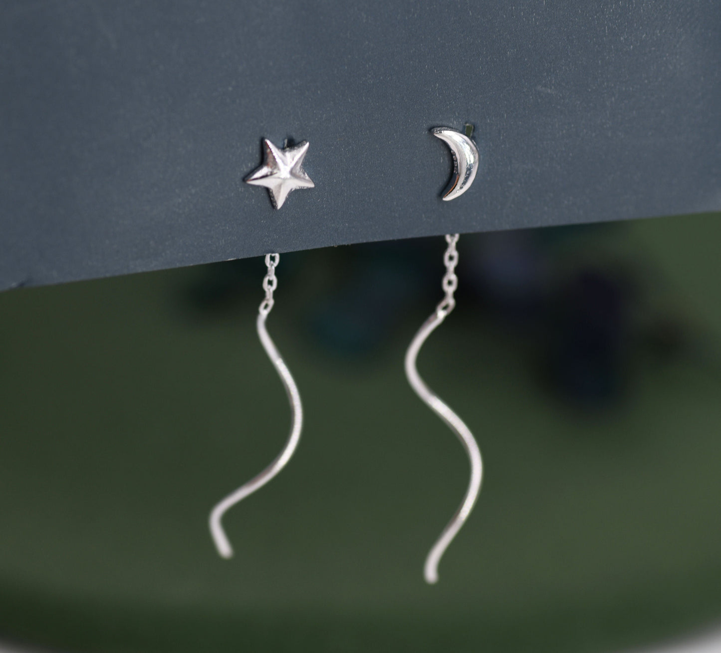 Moon and Star Threader Earrings in Sterling Silver, Mismatched Asymmetric Threader Earrings