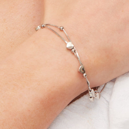 Heart Charm Bracelet in Sterling Silver, Solid Sterling Silver Heart Bracelet, Double Layer Heart Bracelet