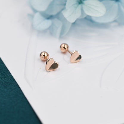 Small Pair of Folded Heart Stud Earrings in Sterling Silver, Rose Gold, Silver, Screw Back Earrings - helix, cartilage, conch, tragus