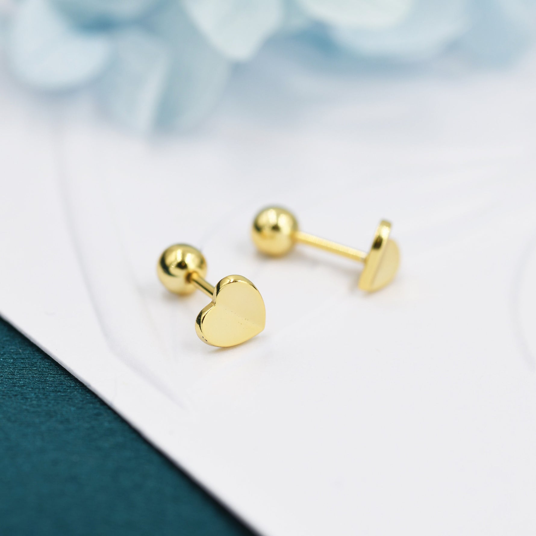 Small Pair of Folded Heart Screw Back Earrings in Sterling Silver, Rose Gold, Silver- helix, cartilage, conch, tragus