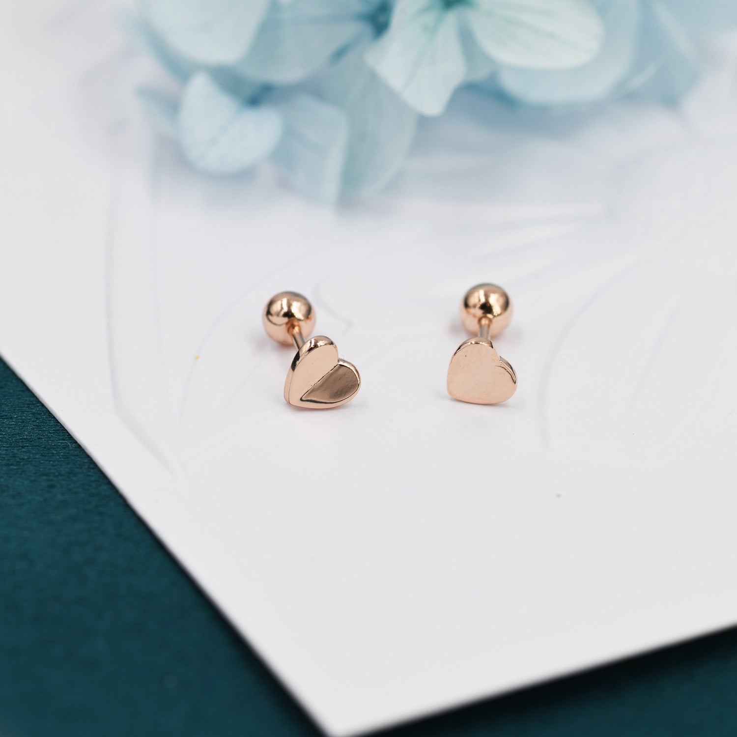 Small Pair of Folded Heart Stud Earrings in Sterling Silver, Rose Gold, Silver, Screw Back Earrings - helix, cartilage, conch, tragus