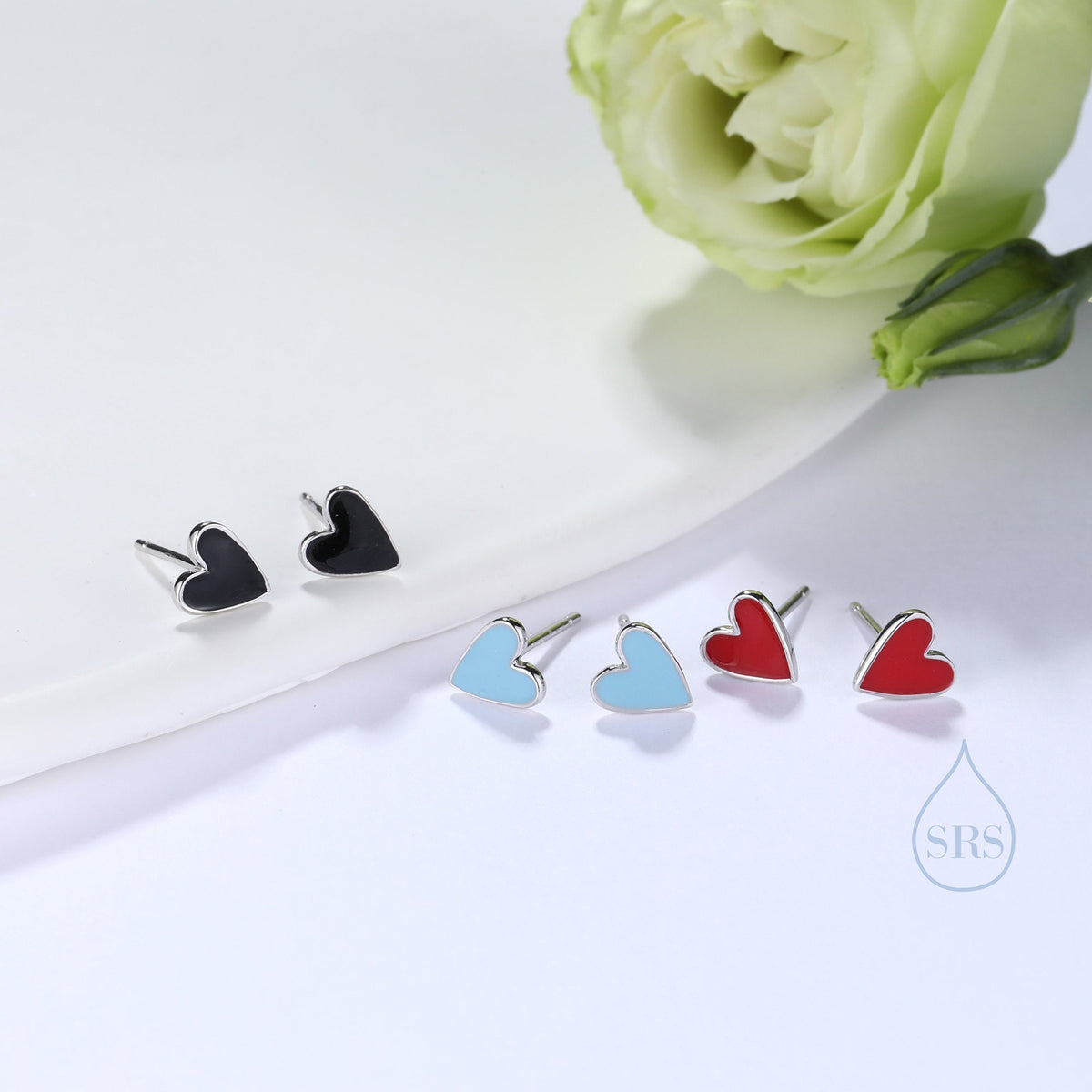Enamel Heart Stud Earrings in Sterling Silver, Heart Earrings, Fun and Quirky Jewellery