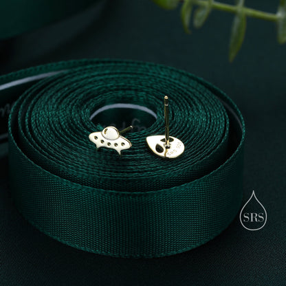 Alien and UFO Mismatched Stud Earrings in Sterling Silver, Silver or Gold, UFO Earrings, Fun and Quirky Jewellery