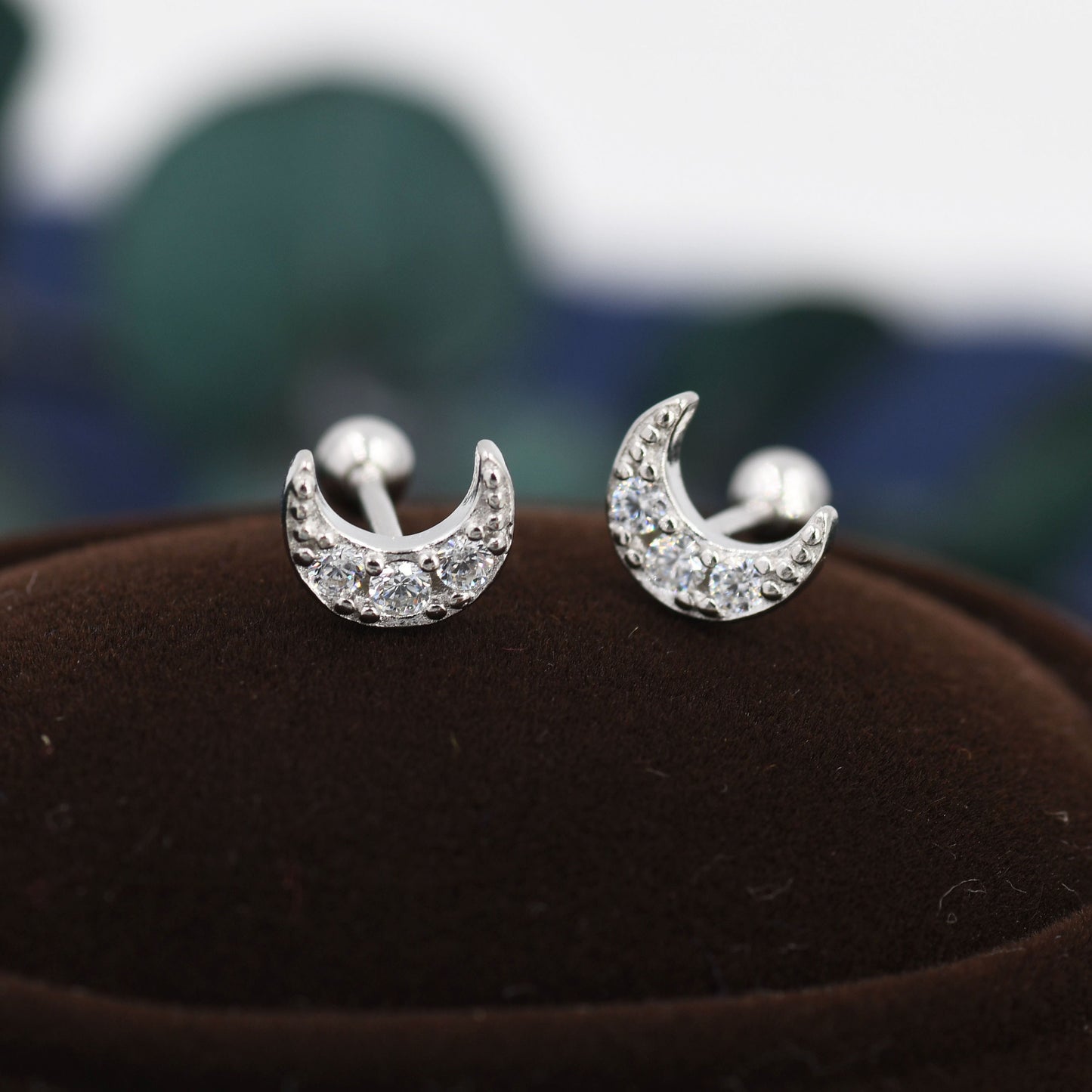 CZ Moon Screw Back Earrings in Sterling Silver, Silver or Gold, Silver Moon Earrings, Silver Moon Barbell Earrings