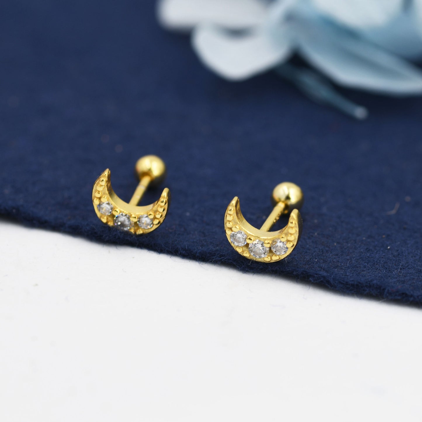 CZ Moon Screw Back Earrings in Sterling Silver, Silver or Gold, Silver Moon Earrings, Silver Moon Barbell Earrings
