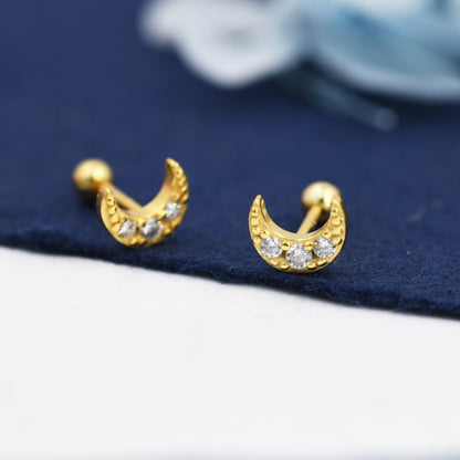 CZ Moon Screw Back Earrings in Sterling Silver, Silver or Gold, Silver Moon Earrings, Silver Moon Barbell Earrings
