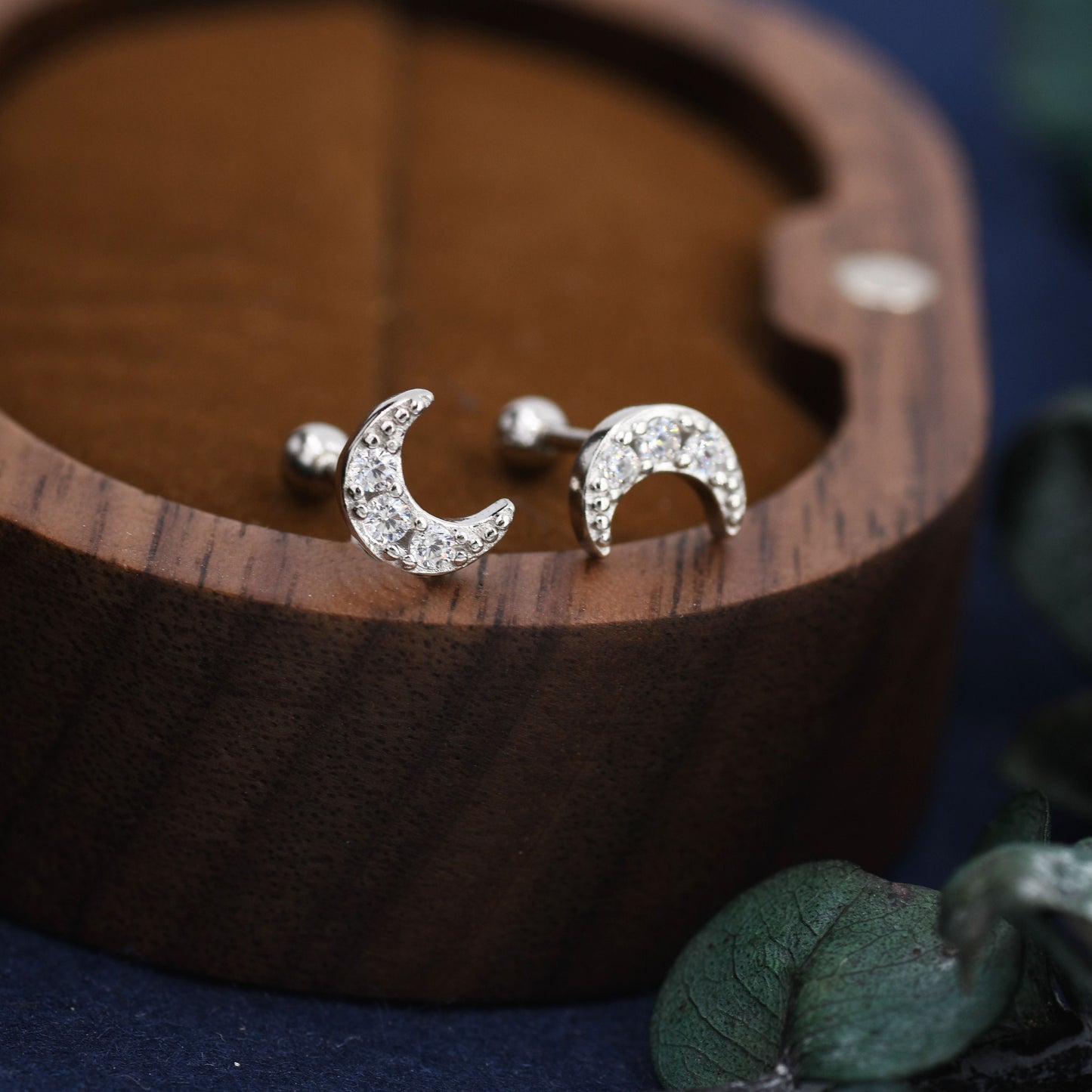 CZ Moon Screw Back Earrings in Sterling Silver, Silver or Gold, Silver Moon Earrings, Silver Moon Barbell Earrings