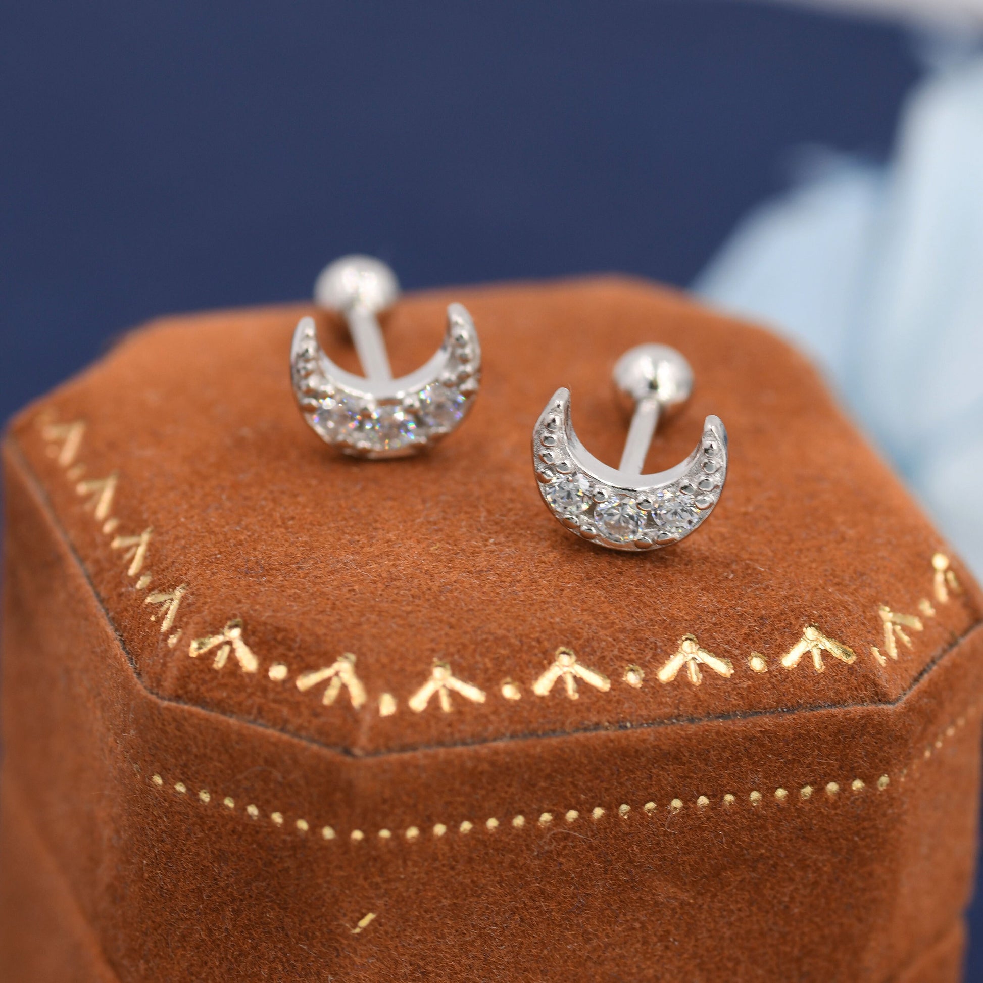 CZ Moon Screw Back Earrings in Sterling Silver, Silver or Gold, Silver Moon Earrings, Silver Moon Barbell Earrings