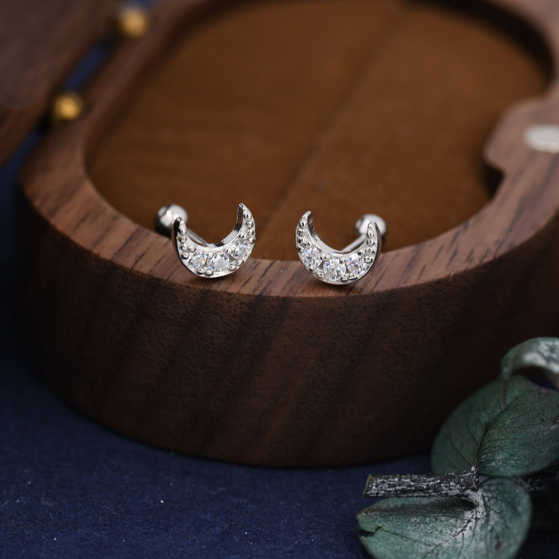 CZ Moon Screw Back Earrings in Sterling Silver, Silver or Gold, Silver Moon Earrings, Silver Moon Barbell Earrings