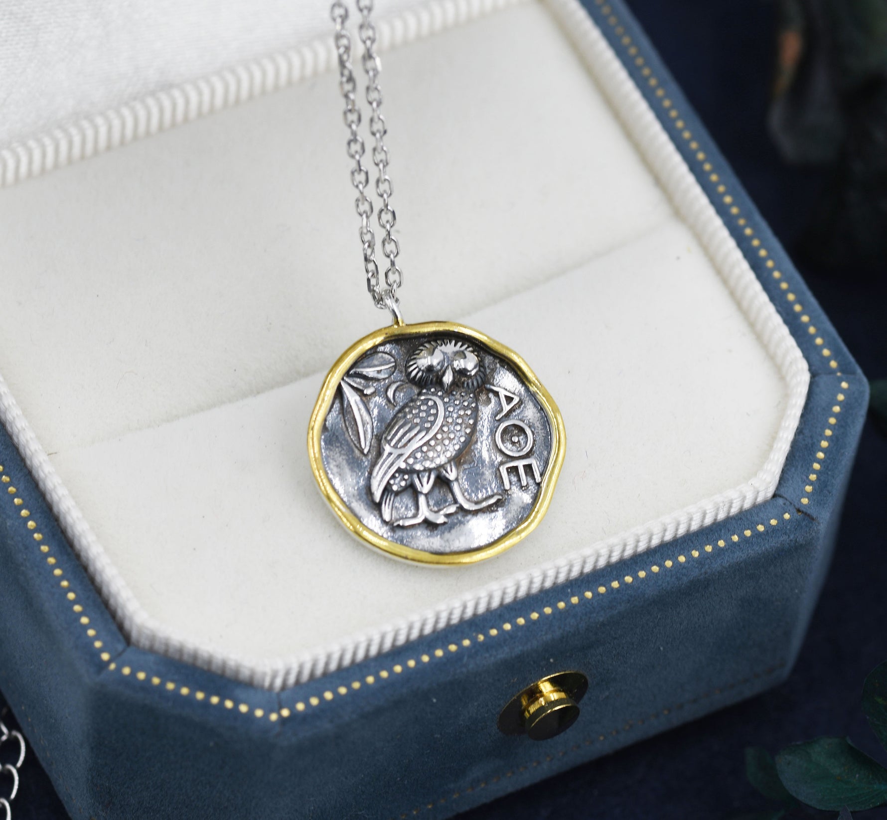 Sterling Silver Greek Coin Pendant Necklace - Owl Coin Necklace , Owl of Athena Coin Necklace in Antique Silver, Ancient Greek Coin Inspired