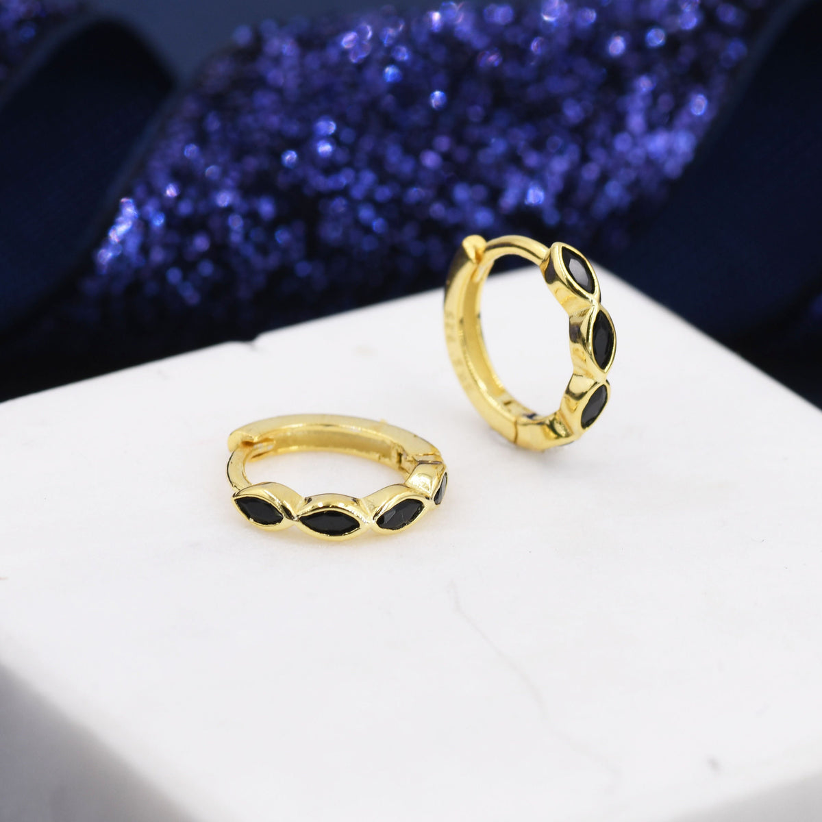 Black Marquise CZ Huggie Hoop in Sterling Silver, Silver or Gold, Minimalist Simple Black Hoop Earrings, Black Diamond Hoops