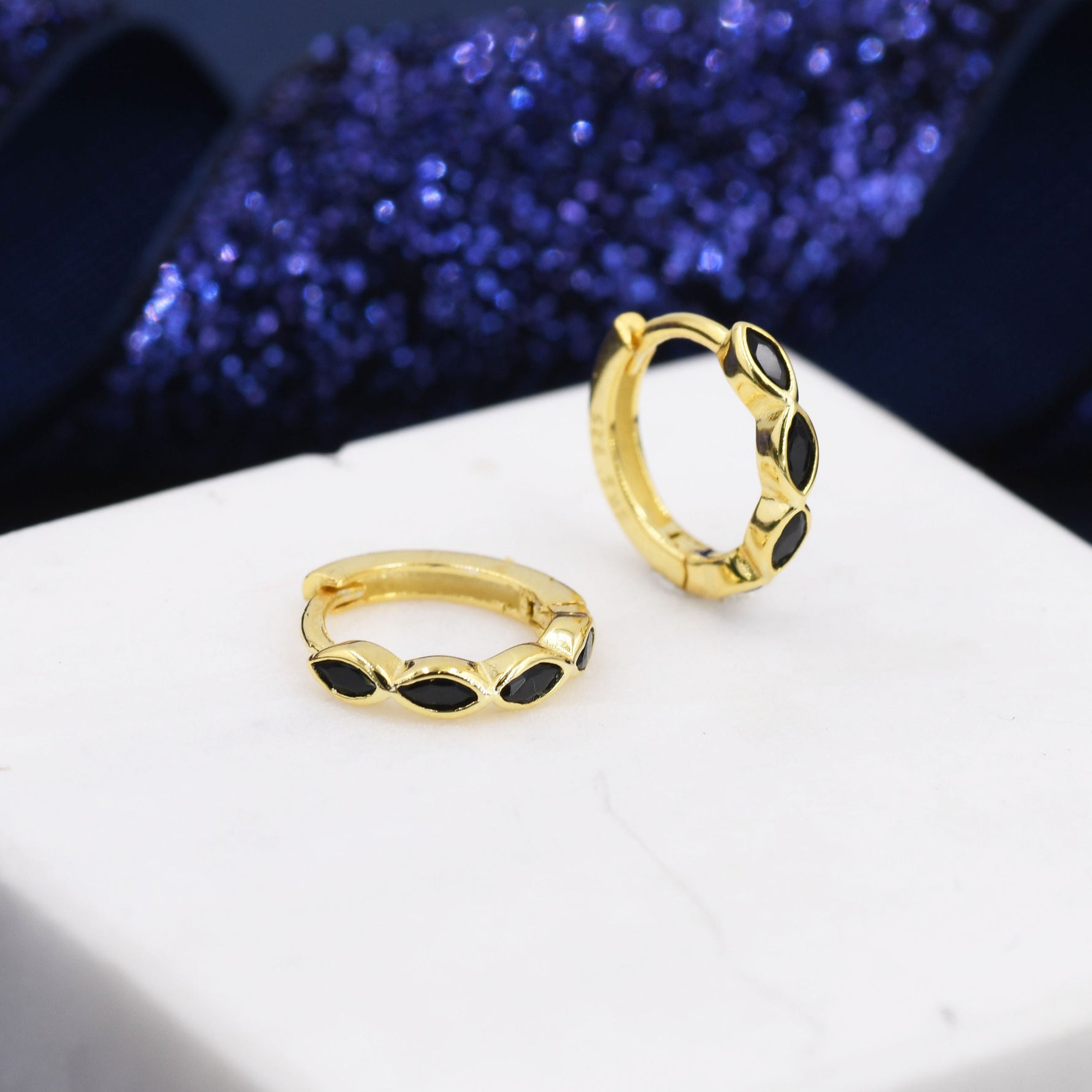 Black Marquise CZ Huggie Hoop in Sterling Silver, Silver or Gold, Minimalist Simple Black Hoop Earrings, Black Diamond Hoops