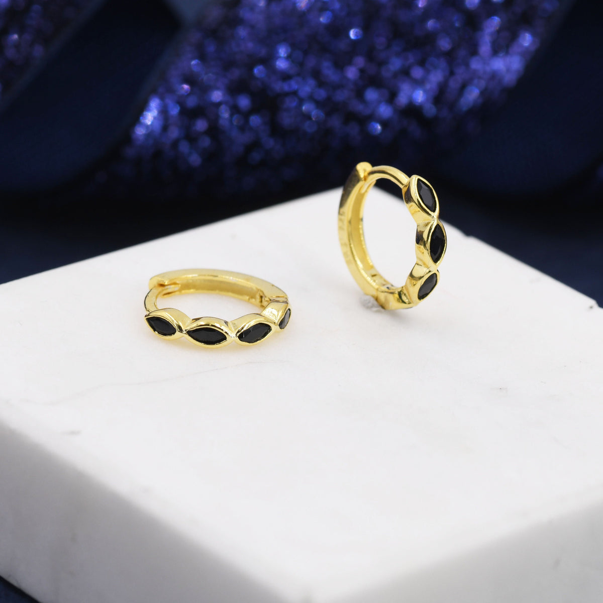 Black Marquise CZ Huggie Hoop in Sterling Silver, Silver or Gold, Minimalist Simple Black Hoop Earrings, Black Diamond Hoops