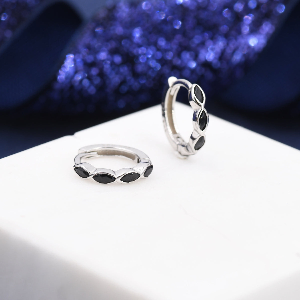 Black Marquise CZ Huggie Hoop in Sterling Silver, Silver or Gold, Minimalist Simple Black Hoop Earrings, Black Diamond Hoops