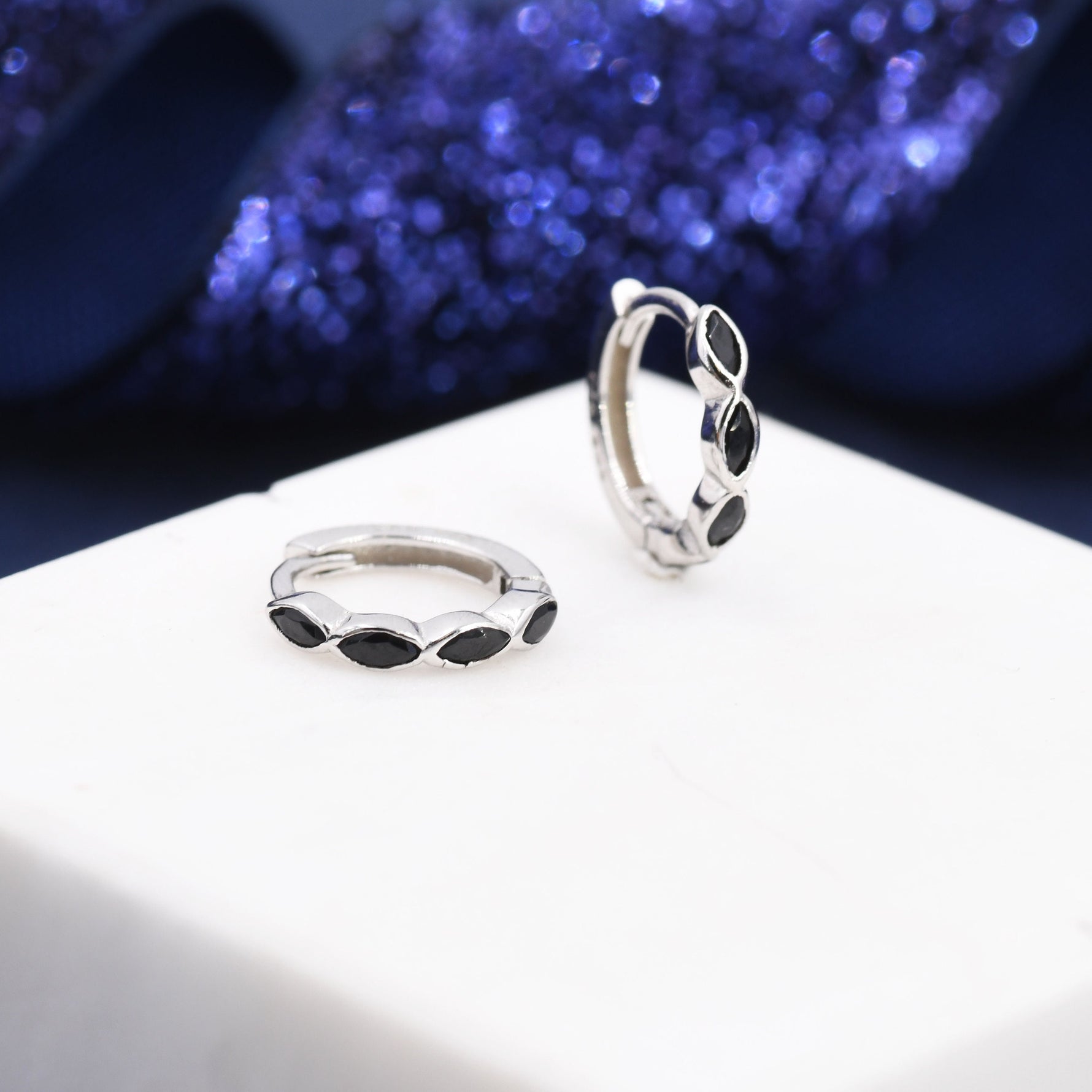 Black Marquise CZ Huggie Hoop in Sterling Silver, Silver or Gold, Minimalist Simple Black Hoop Earrings, Black Diamond Hoops