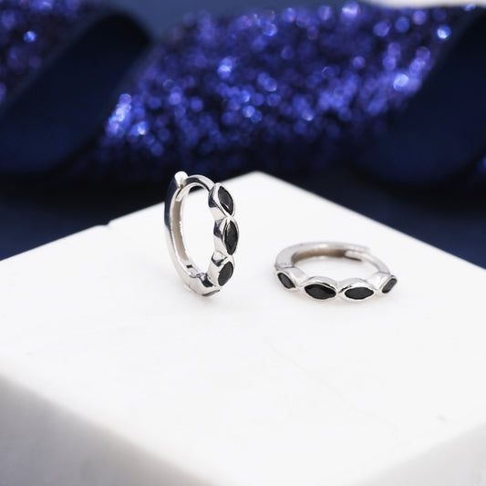 Black Marquise CZ Huggie Hoop in Sterling Silver, Silver or Gold, Minimalist Simple Black Hoop Earrings, Black Diamond Hoops