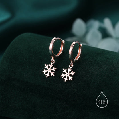 Snowflake Huggie Hoop in Sterling Silver, Silver or Gold or Rose Gold, Snow Earrings, Snowflake Earrings,