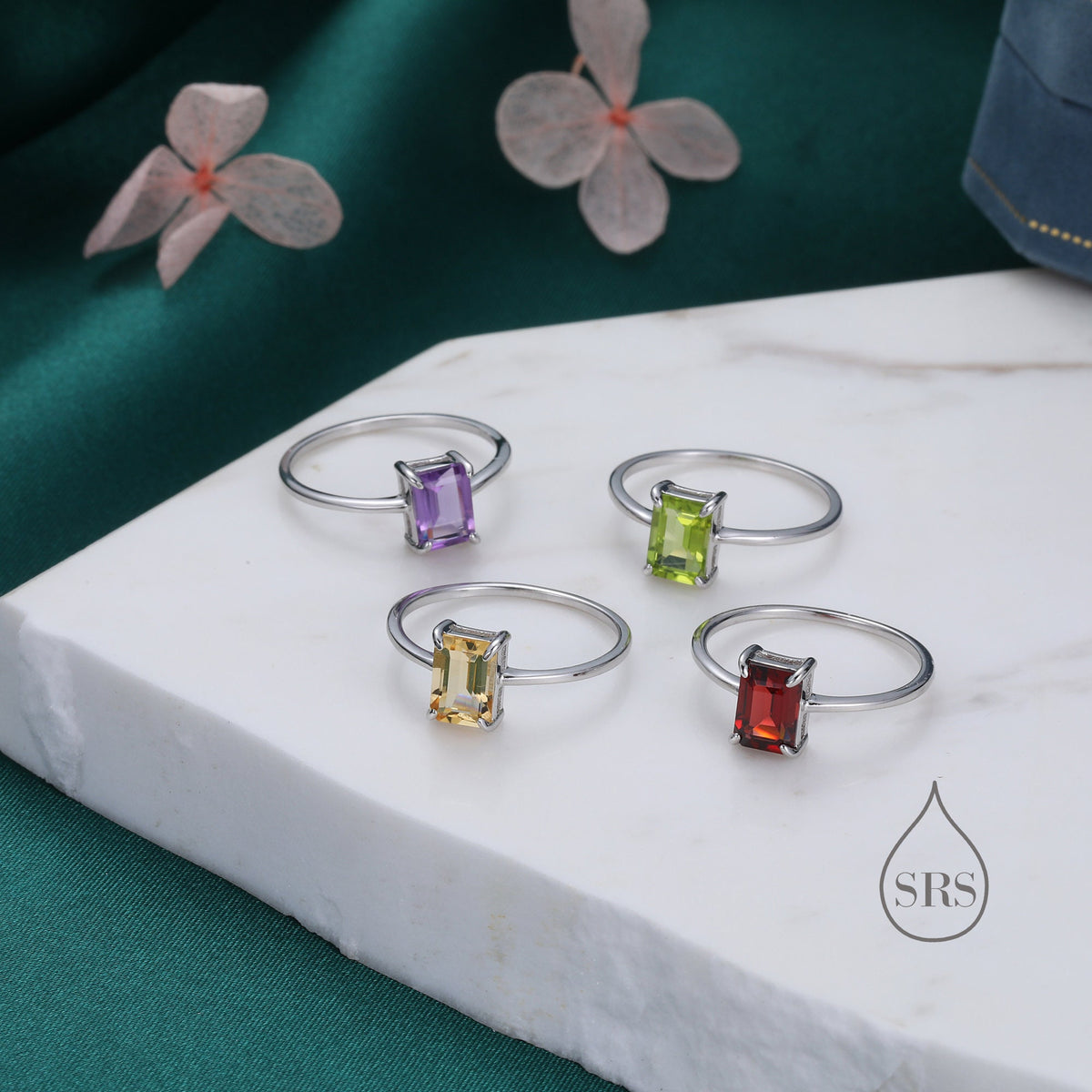 Genuine Emerald Cut Citrine Ring in Sterling Silver, Natural Citrine Stone Ring, Stacking Rings, US 5-8