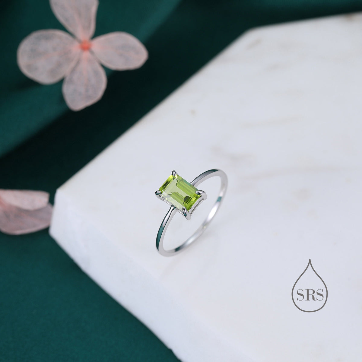 Genuine Emerald Cut Peridot Ring in Sterling Silver, Natural Peridot Stone Ring, Stacking Rings, US 5-8