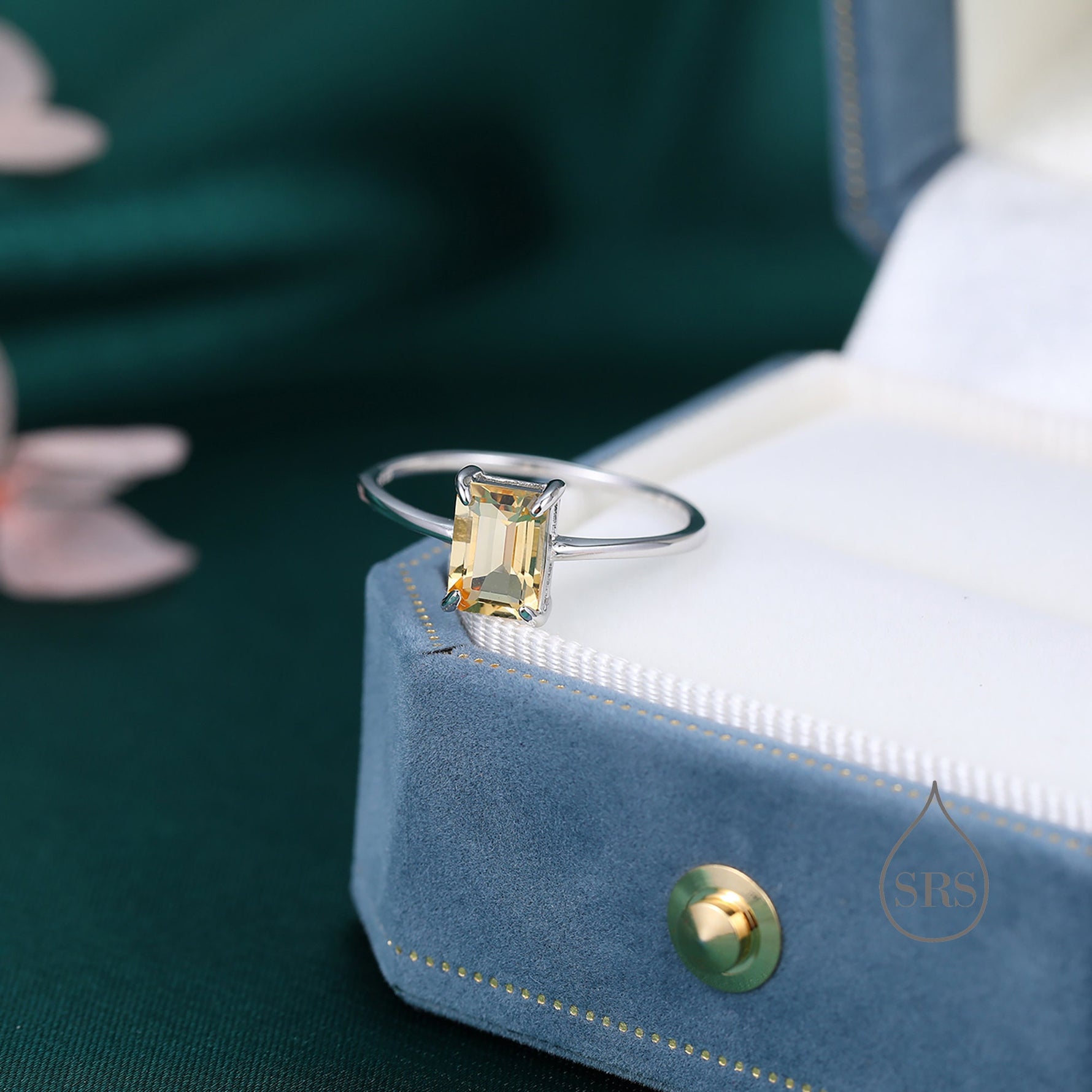 Genuine Emerald Cut Citrine Ring in Sterling Silver, Natural Citrine Stone Ring, Stacking Rings, US 5-8