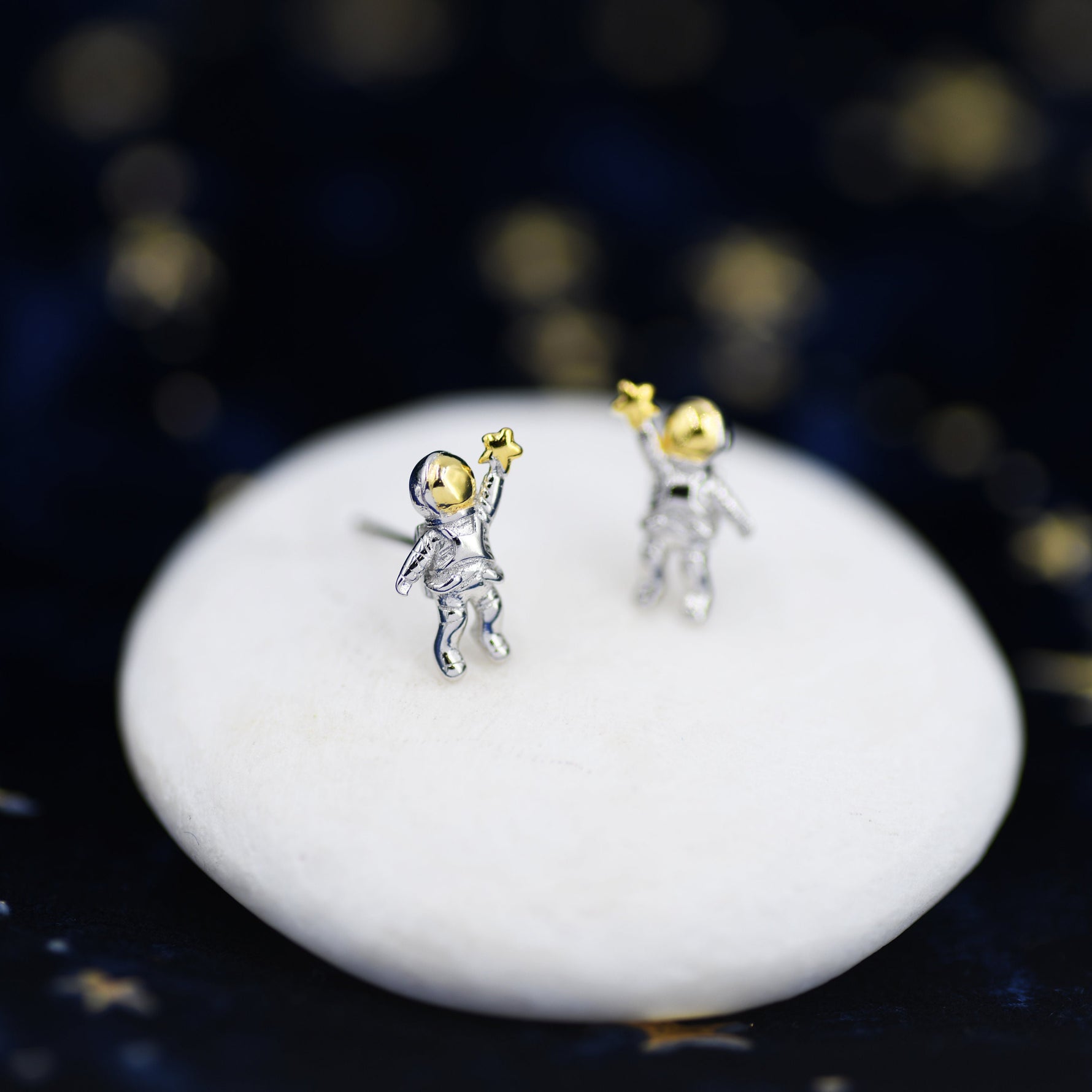 Extra Tiny Spaceman Astronaut Stud Earrings in Sterling Silver - Miniature Space Earrings - Planet Earrings - Whimsical and Pretty Jewellery