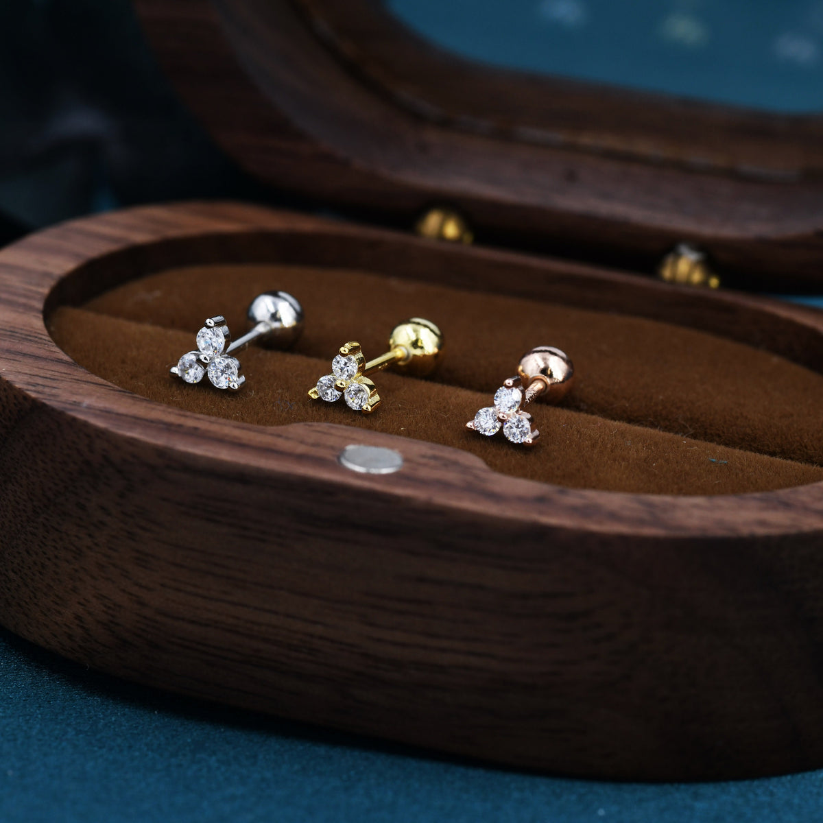 Very Tiny Three Dot Trio 18G Screw Back Earrings in Sterling Silver with Sparkly CZ Crystals