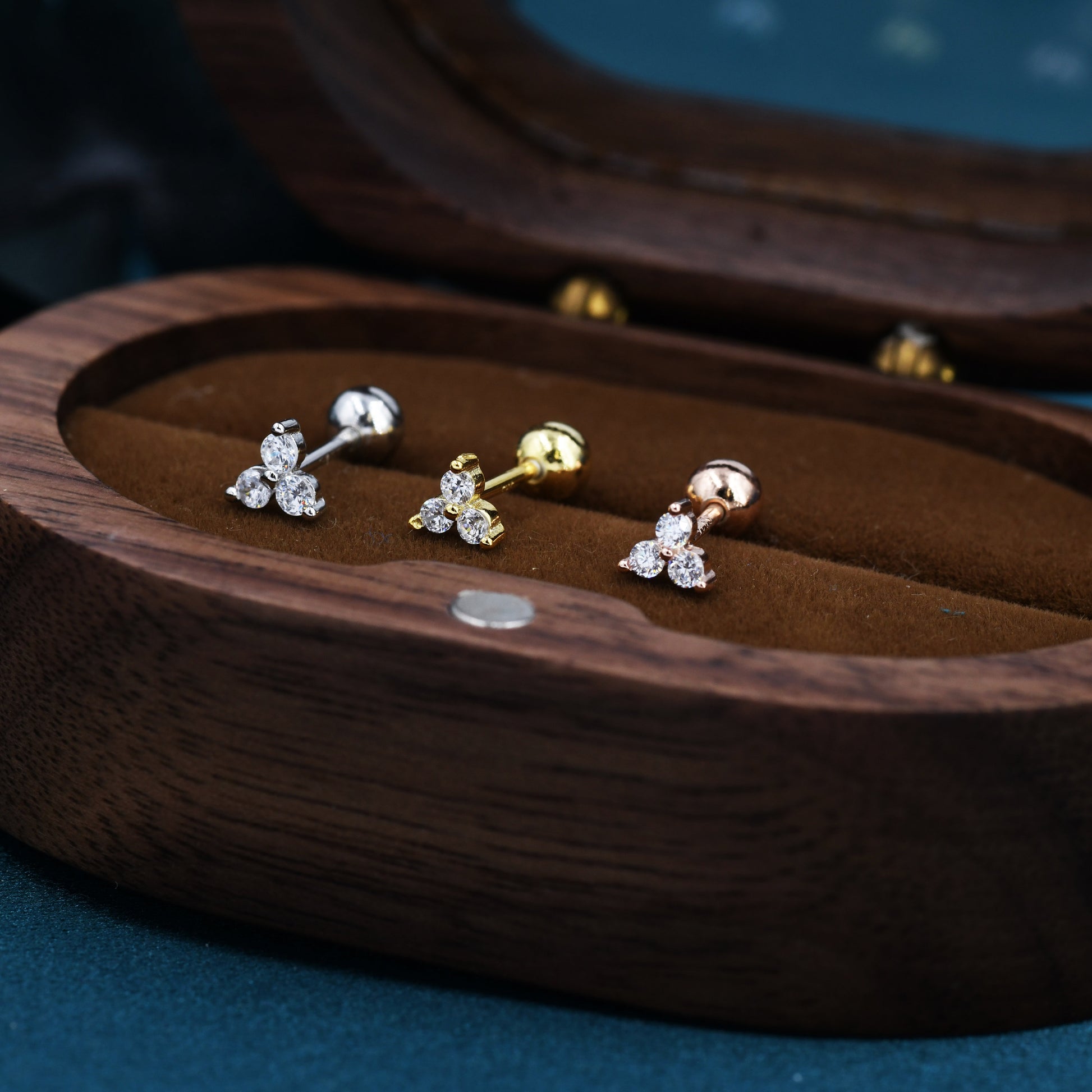 Very Tiny Three Dot Trio Screw Back Earrings in Sterling Silver with Sparkly CZ Crystals, Simple and Minimalist, Geometric and Discreet