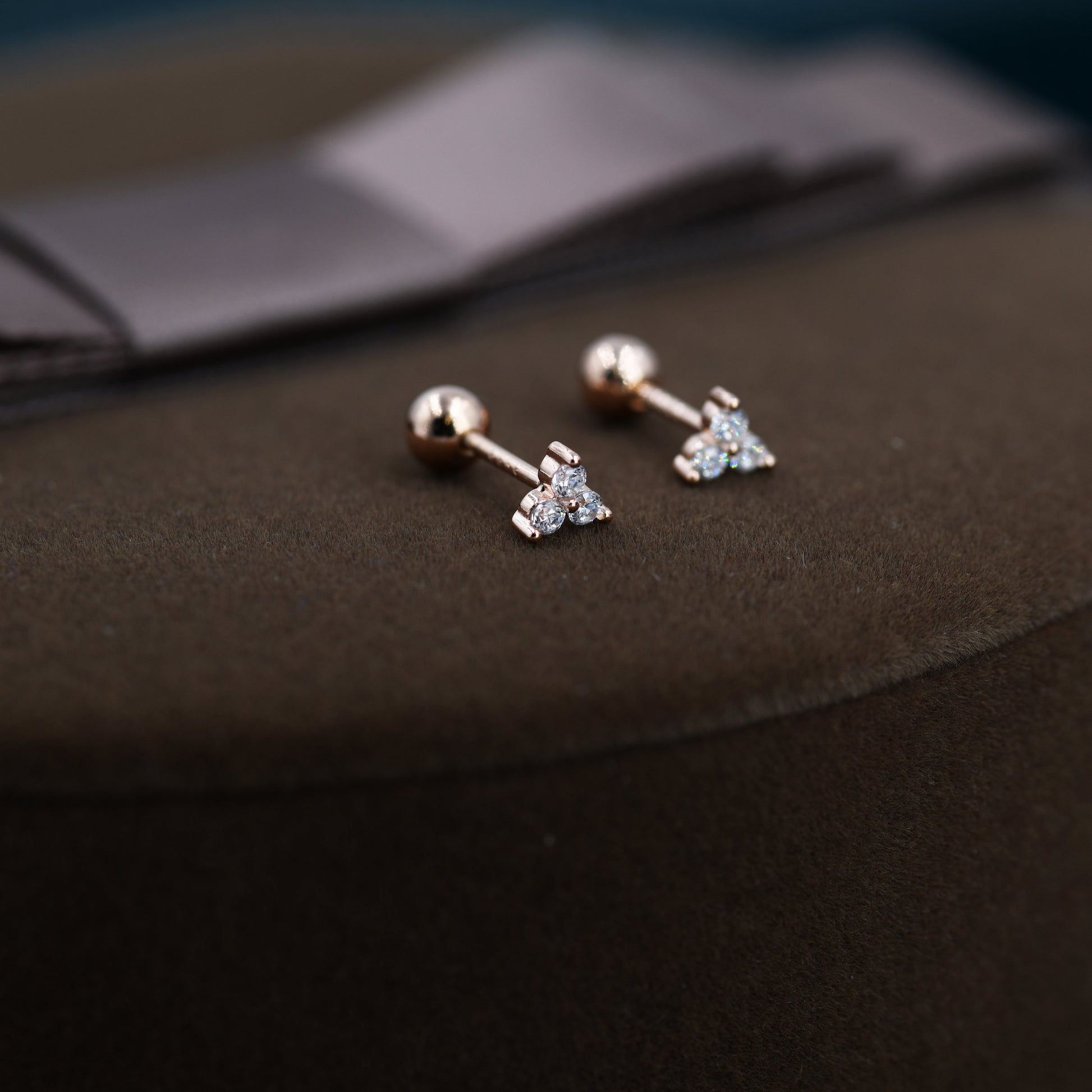 Very Tiny Three Dot Trio Screw Back Earrings in Sterling Silver with Sparkly CZ Crystals, Simple and Minimalist, Geometric and Discreet