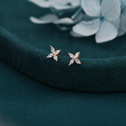 Four Marquise Flower Stud Earrings in Sterling Silver, CZ Flower Earrings, Silver, Gold or Rose Gold, Two Sizes Available