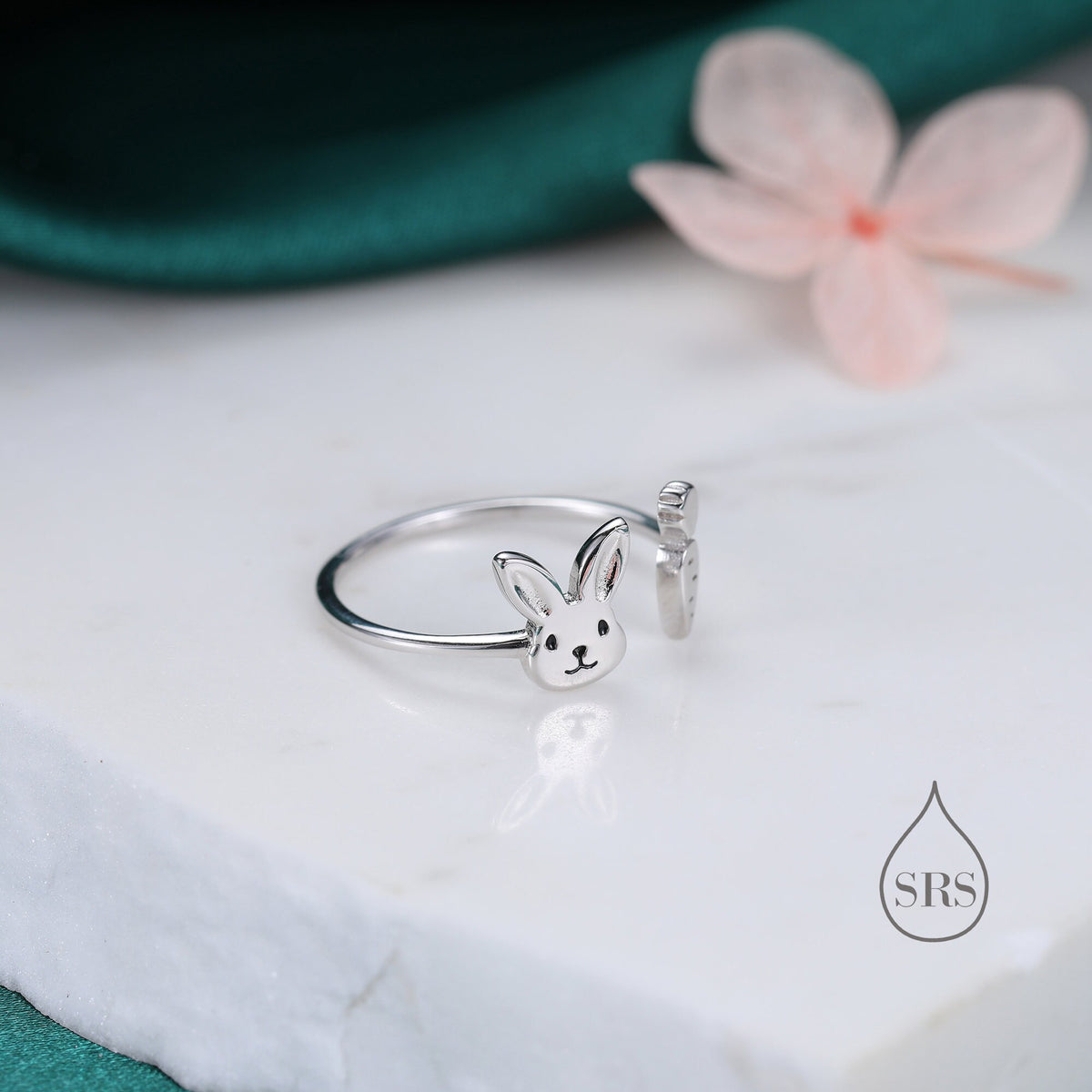Super Cute Rabbit and Carrot Open Ring in Sterling Silver, Adjustable, Bunny and Carrot Ring, Rabbit Ring