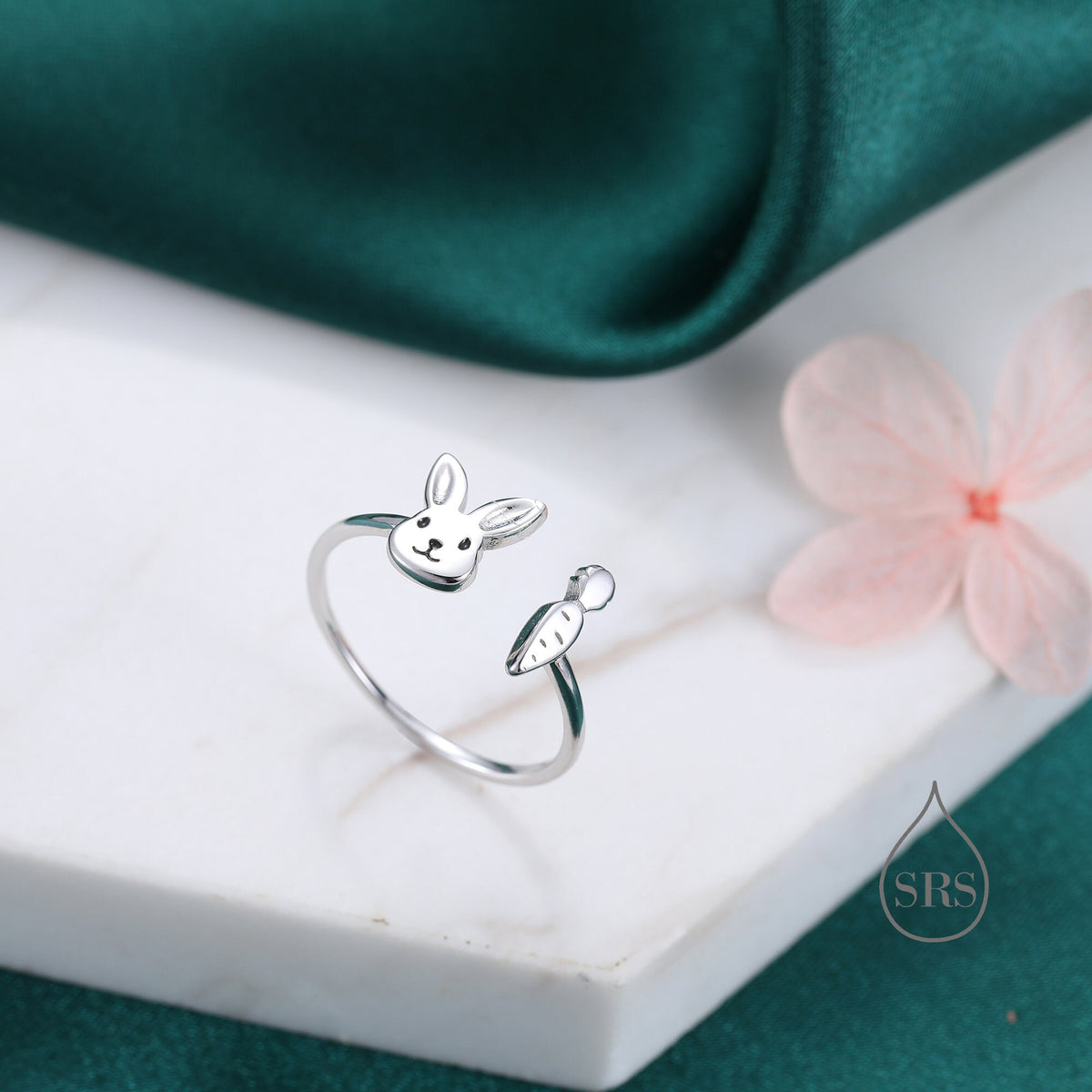 Super Cute Rabbit and Carrot Open Ring in Sterling Silver, Adjustable, Bunny and Carrot Ring, Rabbit Ring