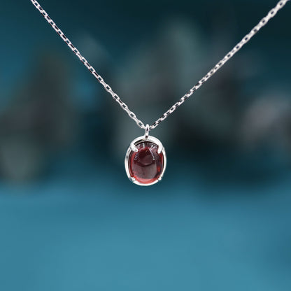 Genuine Garnet Crystal Oval Necklace in Sterling Silver, Oval Cabochon Natural Garnet Stone Necklace, January Birthstone